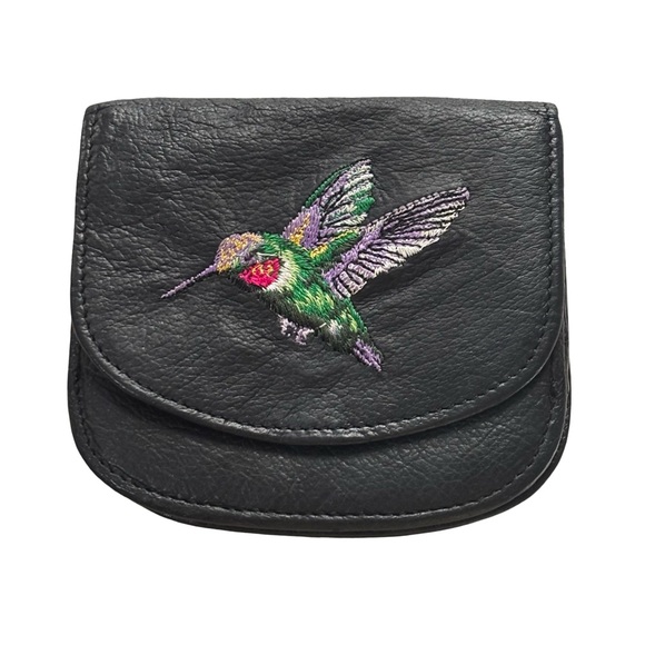 Embroidered Hummingbird Black Leather wallet Vintage handmade - Picture 1 of 8